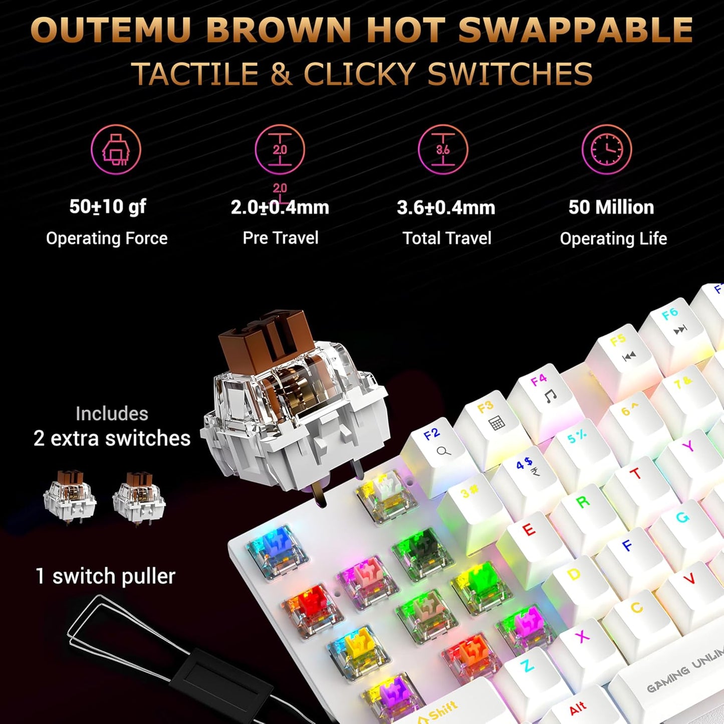 Ant Esports MK4100 RGB Mechanical Wired Gaming Keyboard White Hot-Swappable Per-Key RGB Brown Outemu Switches