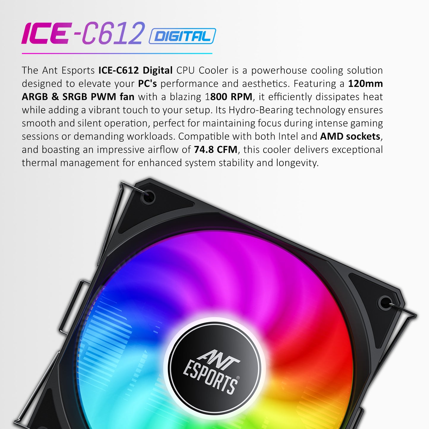 Ant Esports ICE-C612 Digital Single Tower 120mm ARGB AM5/LGA1851 Black Air Cooler with temperature display