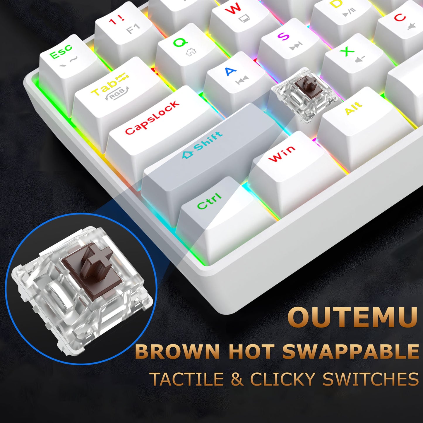 Ant Esports MK1300 V2 Mechnical Wired Gaming keyboard White Hot-Swappable Per-Key RGB Brown Outemu Switches