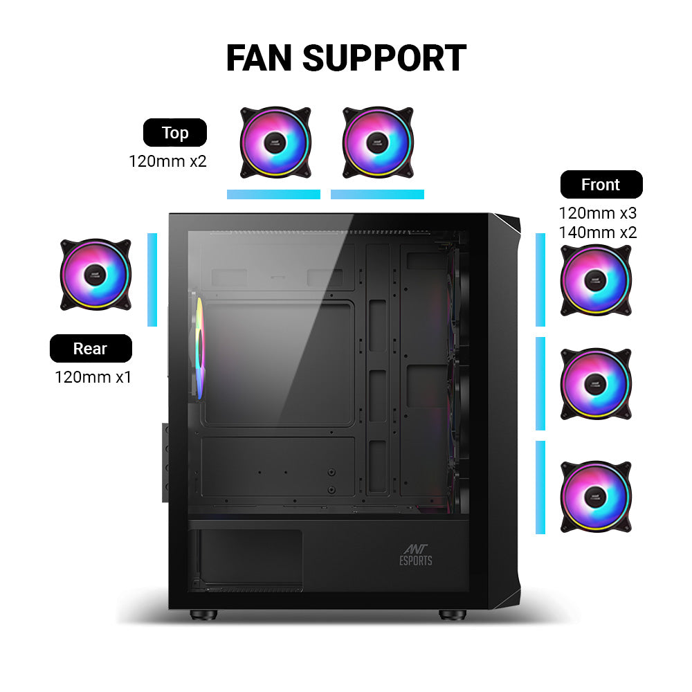 Ant Esports 205 Mini 6F Mini-Tower Micro-ATX, Mini-ITX Black Cabinet 6x120mm