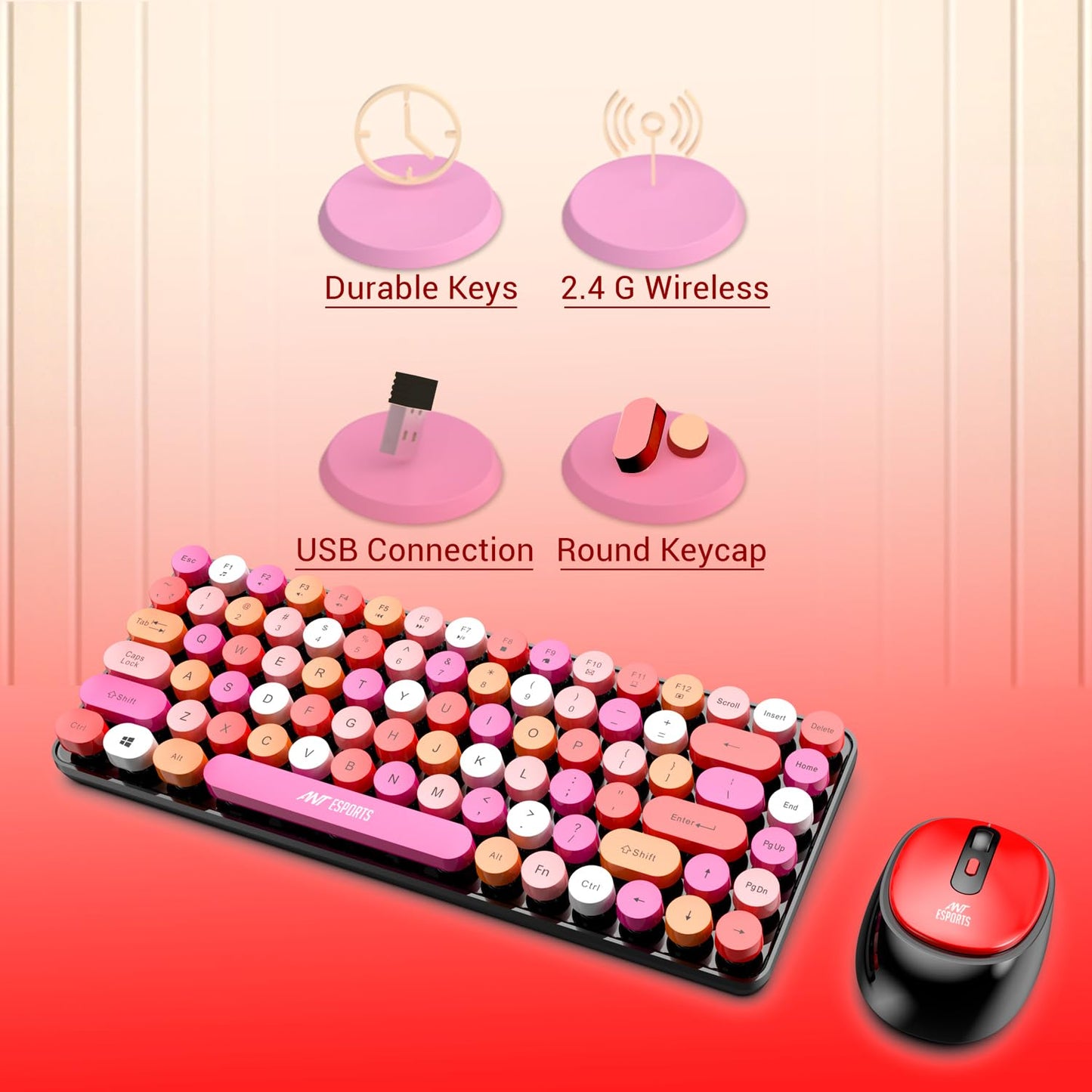 Ant Esports WKM33 Wireless Retro Keyboard and Mouse Combo – Cherry Red