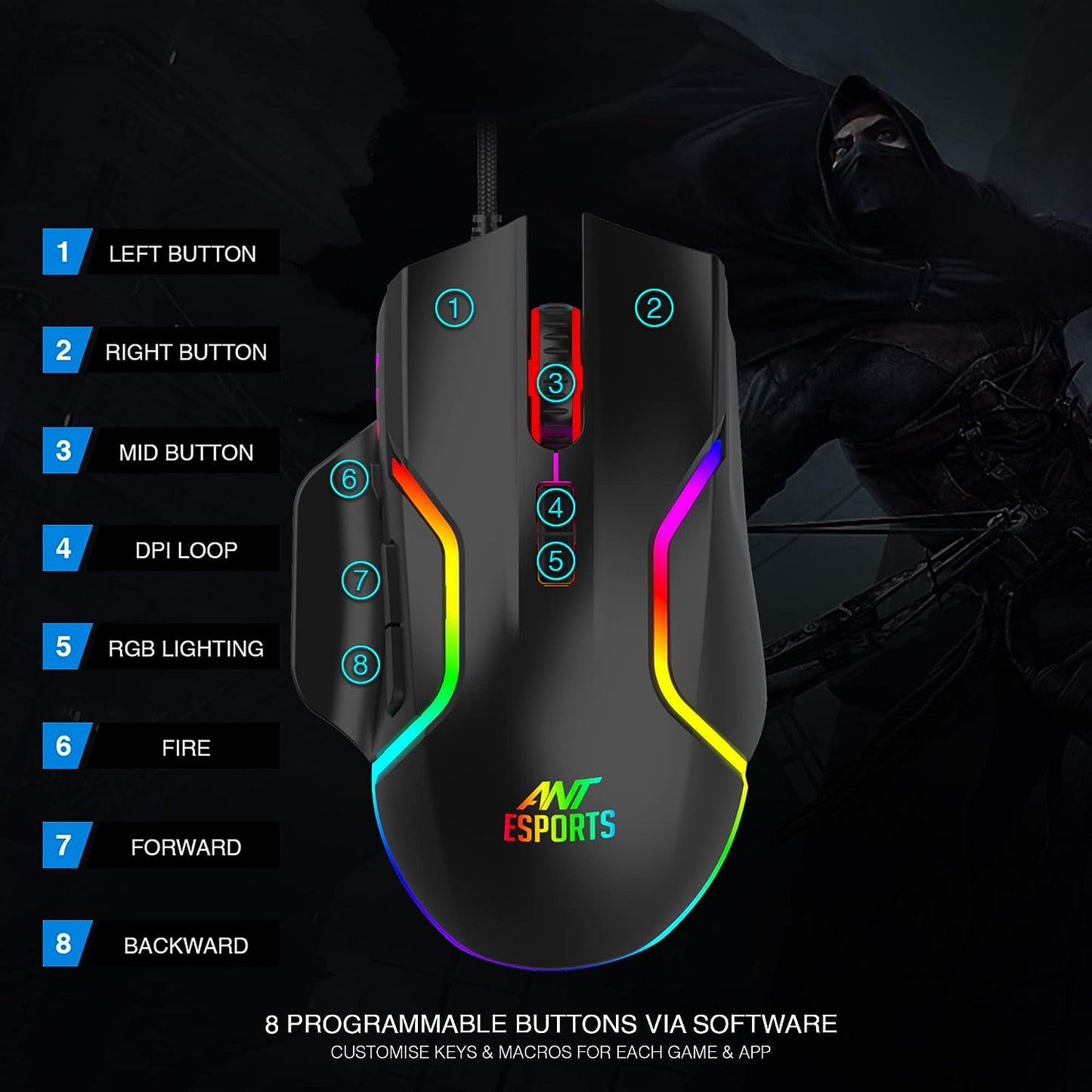 Ant Esports GM320 12800DPI RGB Wired Gaming Mouse Black