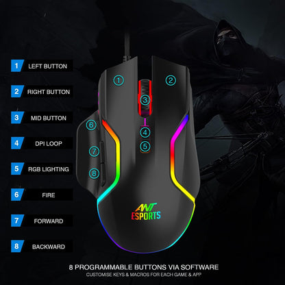 Ant Esports GM320 12800DPI RGB Wired Gaming Mouse Black