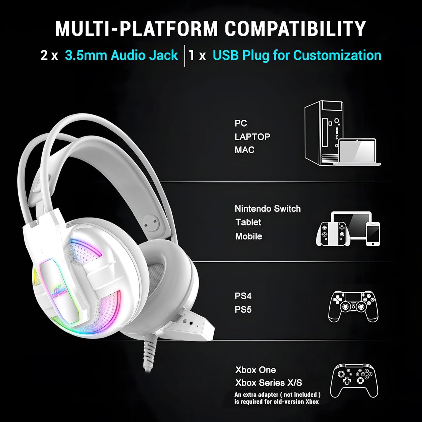 Ant Esports H525 Pro RGB Gaming Headset Gaming Over Ear Wired Headphones with Mic Mobile_White