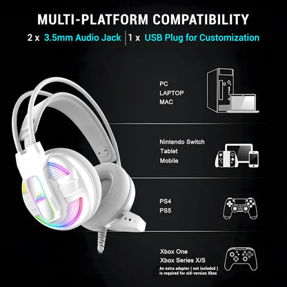 Ant Esports H525 Pro RGB Gaming Headset Gaming Over Ear Wired Headphones with Mic Mobile_White