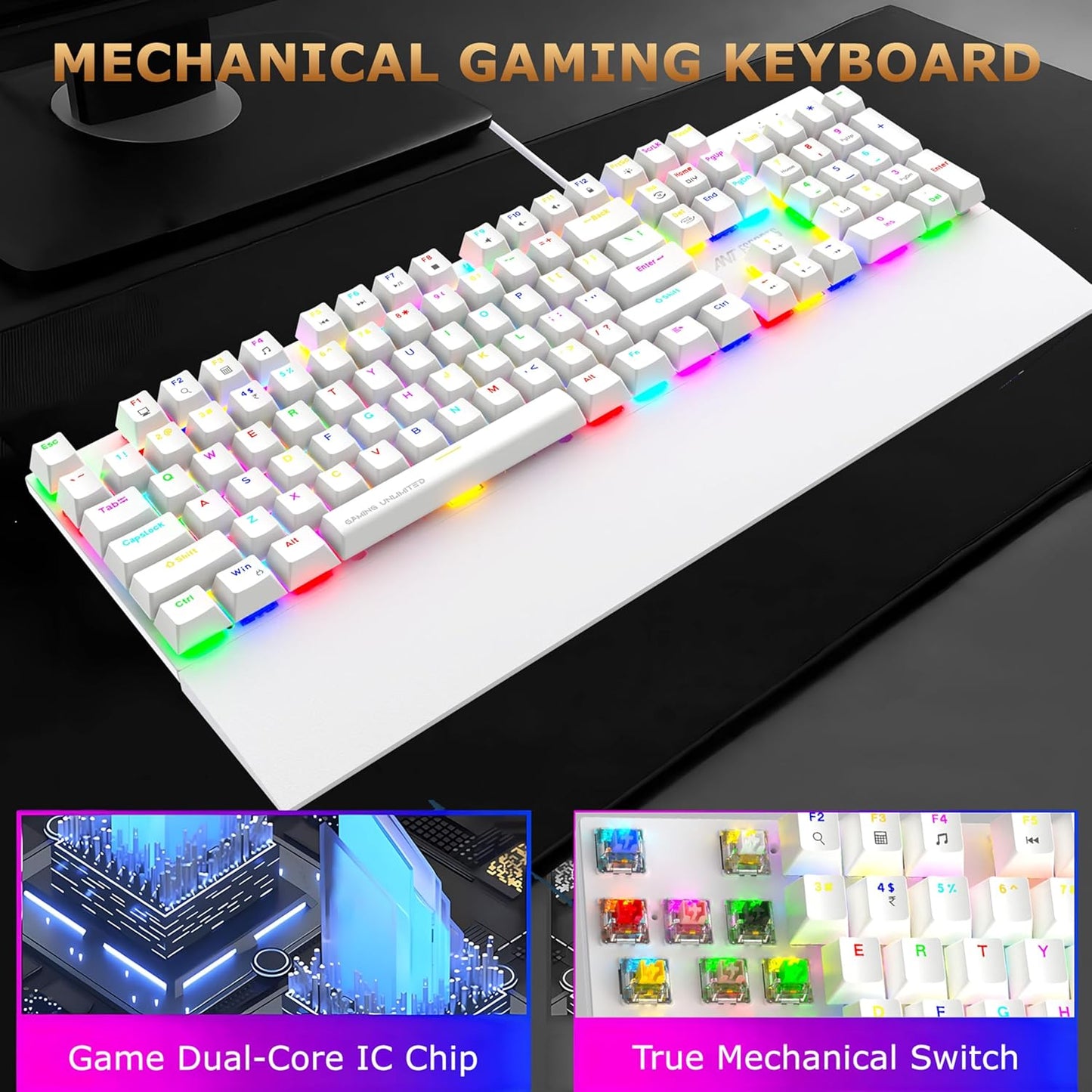 Ant Esports MK4100 RGB Mechanical Wired Gaming Keyboard White Hot-Swappable Per-Key RGB Brown Outemu Switches