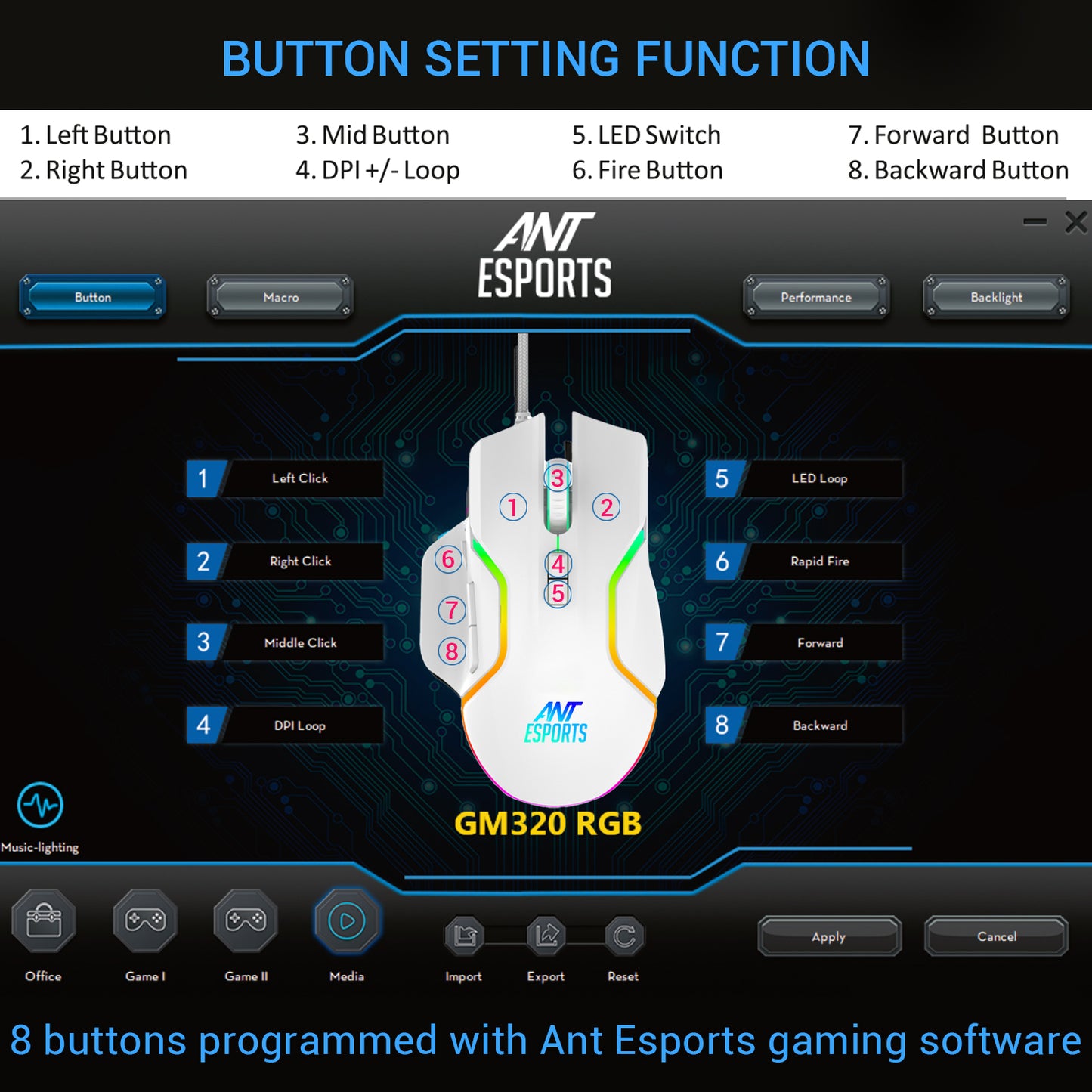 Ant Esports GM320 12800DPI RGB Wired Gaming Mouse White