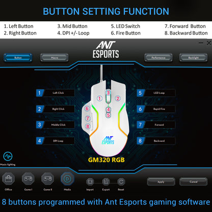 Ant Esports GM320 12800DPI RGB Wired Gaming Mouse White