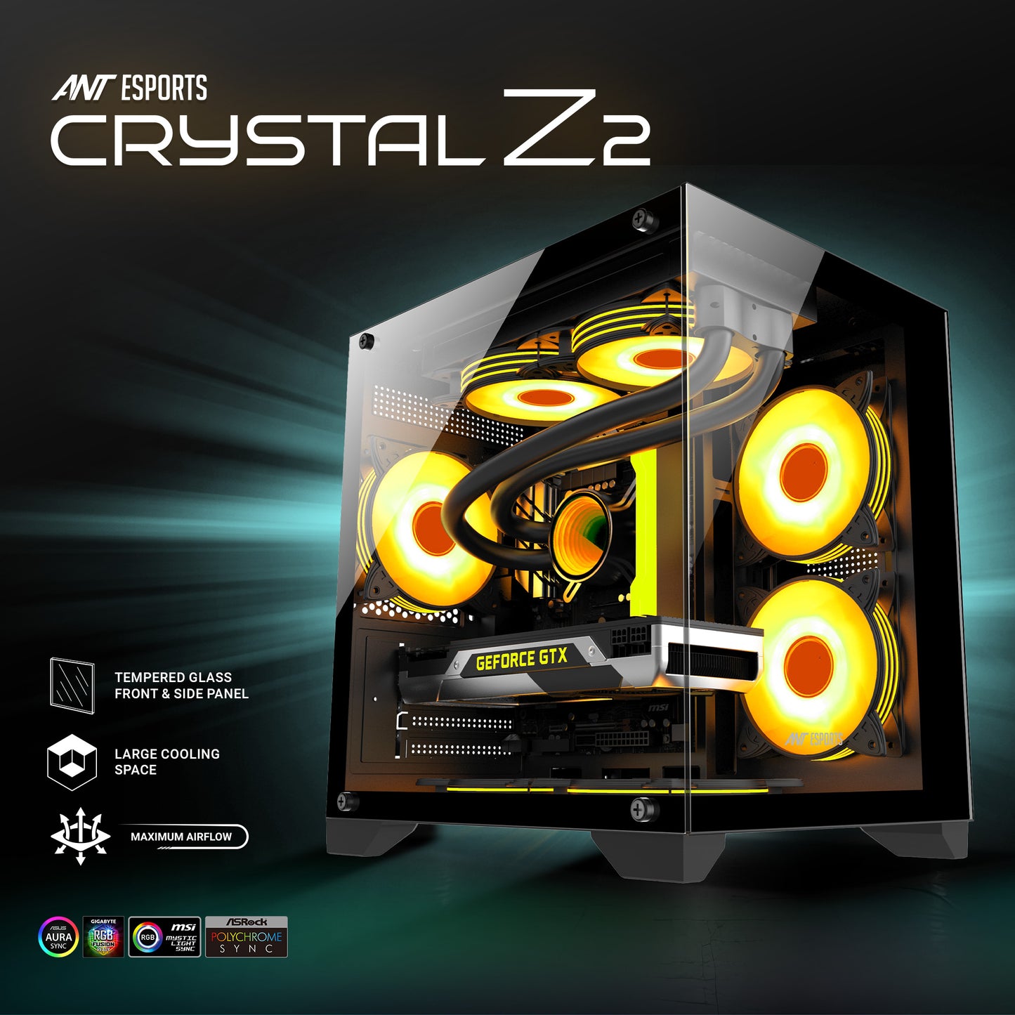 Ant Esports crystal Z2 Mid-Tower Micro-ATX, Mini-ITX Black Cabinet 3x120mm Fan