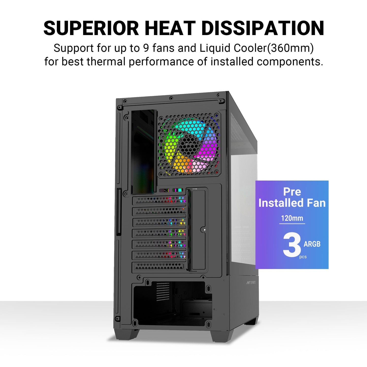 Ant Esports Crystal Z3 Mid-Tower ATX, Micro-ATX, Mini-ITX Black Cabinet 3x120mm