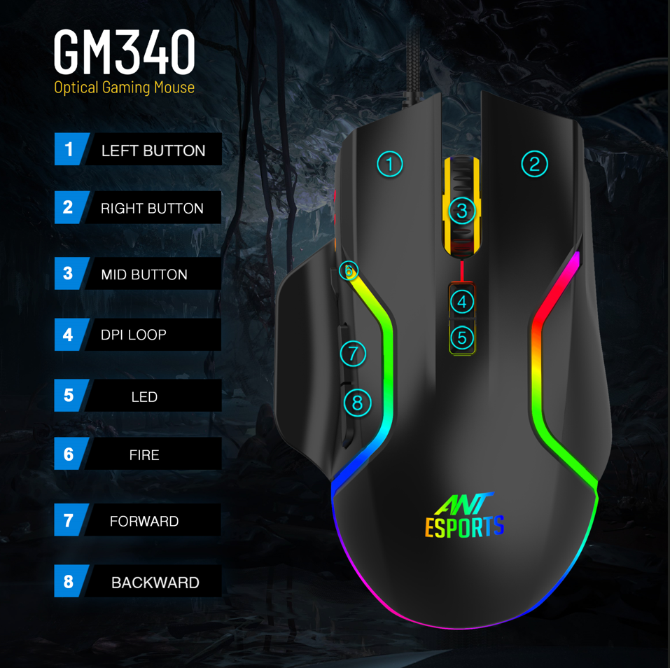 Ant Esports GM340 12800DPI RGB wired Gaming Mouse Black