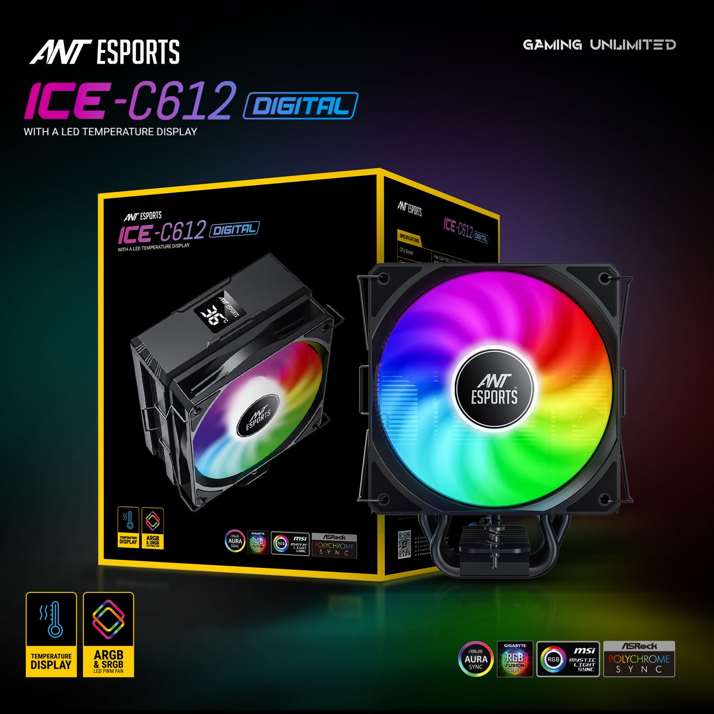 Ant Esports ICE-C612 Digital Single Tower 120mm ARGB AM5/LGA1851 Black Air Cooler with temperature display