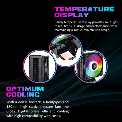 Ant Esports ICE-C612 Digital Single Tower 120mm ARGB AM5/LGA1851 Black Air Cooler with temperature display