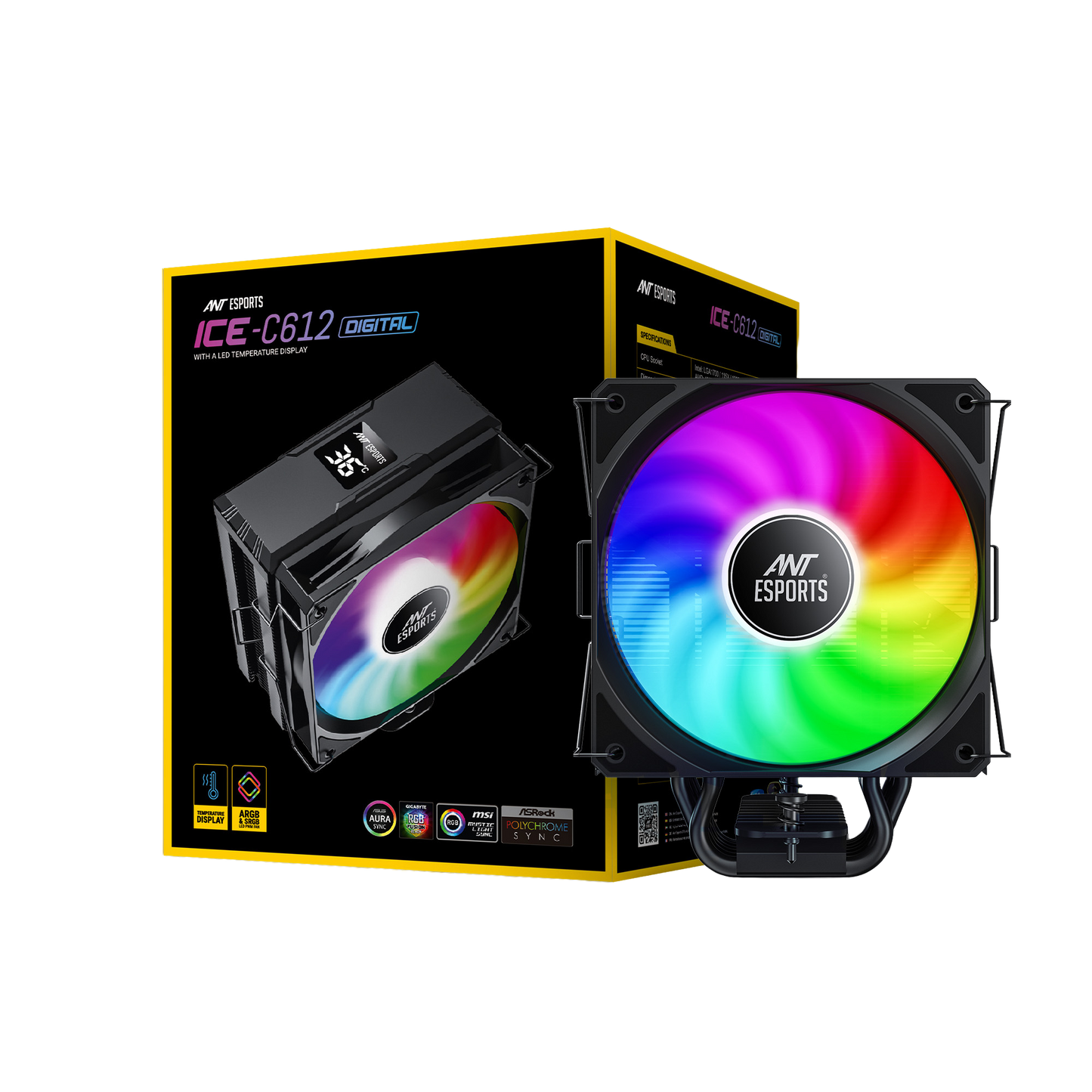 Ant Esports ICE-C612 Digital Single Tower 120mm ARGB AM5/LGA1851 Black Air Cooler with temperature display