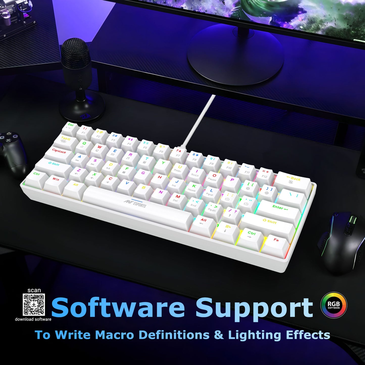 Ant Esports MK1300 V2 Mechnical Wired Gaming keyboard White Hot-Swappable Per-Key RGB Brown Outemu Switches