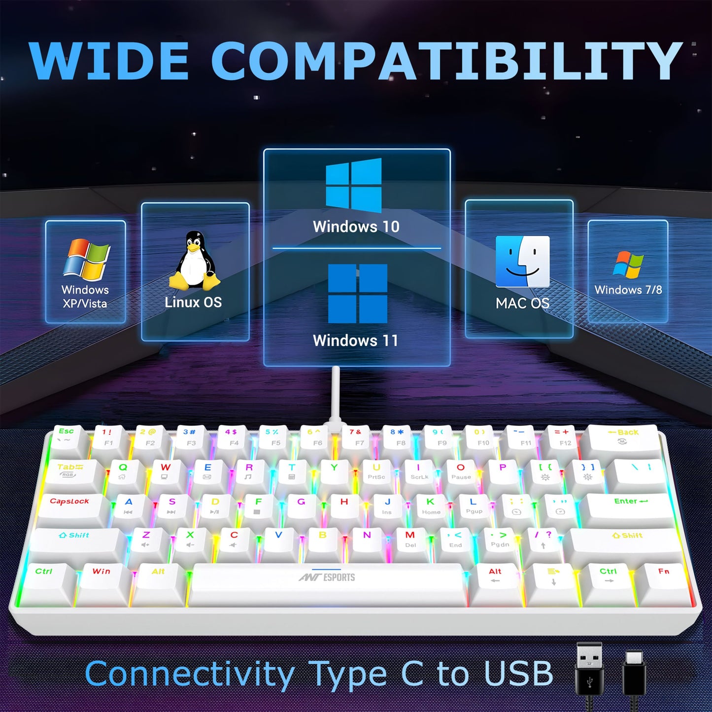 Ant Esports MK1300 V2 Mechnical Wired Gaming keyboard White Hot-Swappable Per-Key RGB Brown Outemu Switches