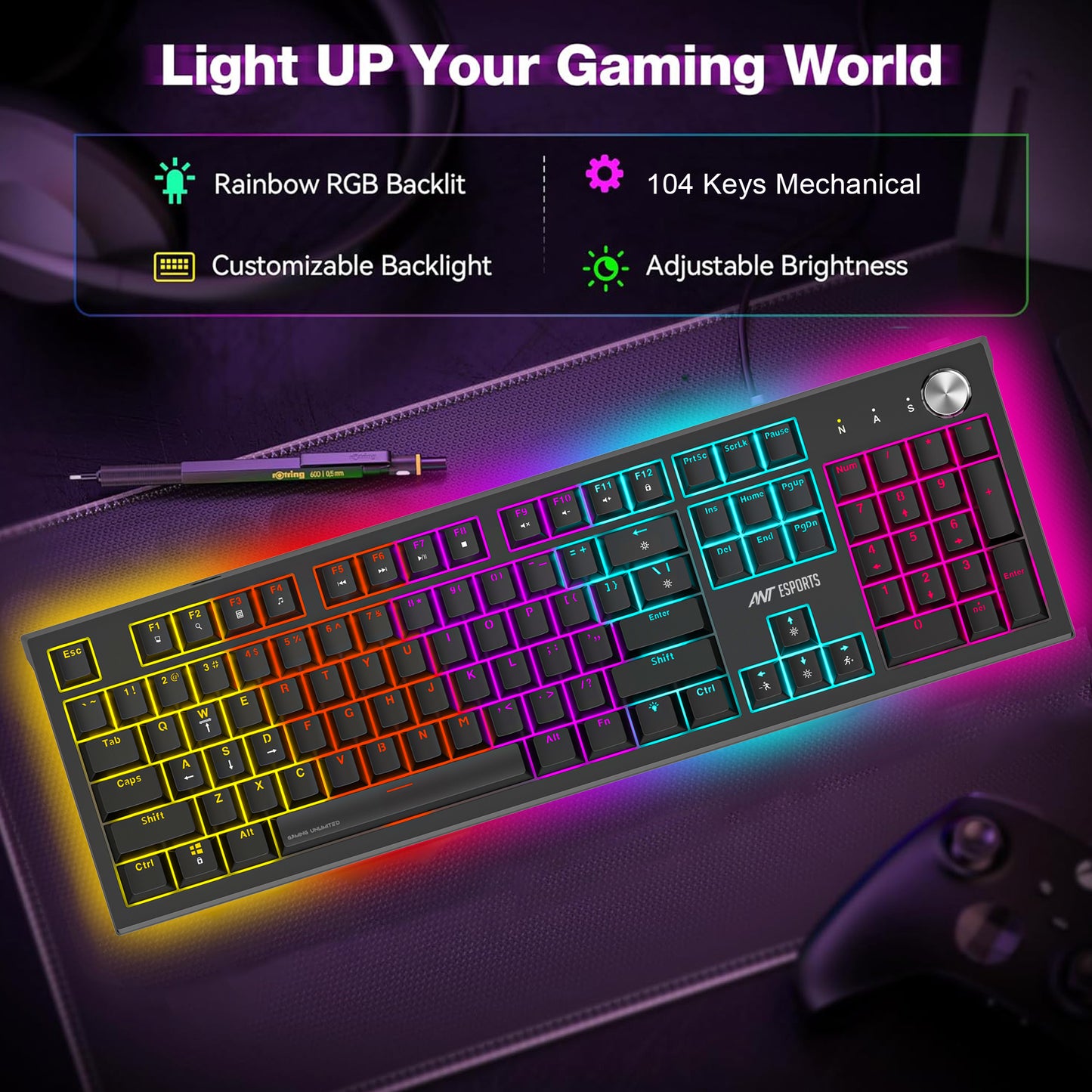 Ant Esports MK1850 Mechanical Blacklit Wired Gaming Keyboard black Hot-Swappable Per-Key RGB Blue Outemu Switches