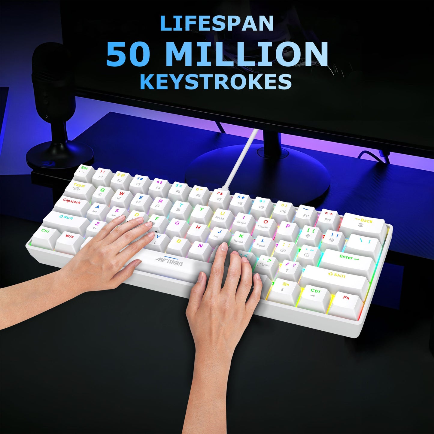 Ant Esports MK1300 V2 Mechnical Wired Gaming keyboard White Hot-Swappable Per-Key RGB Brown Outemu Switches