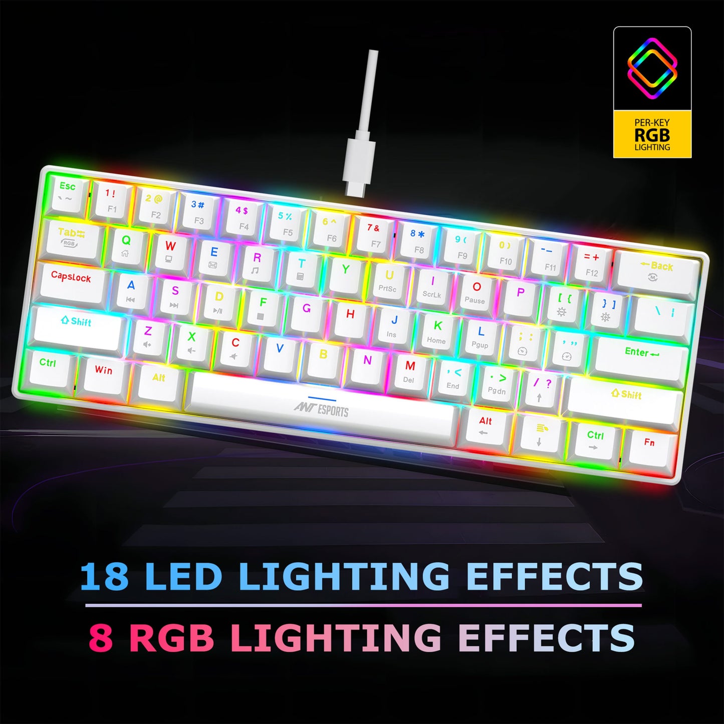 Ant Esports MK1300 V2 Mechnical Wired Gaming keyboard White Hot-Swappable Per-Key RGB Brown Outemu Switches