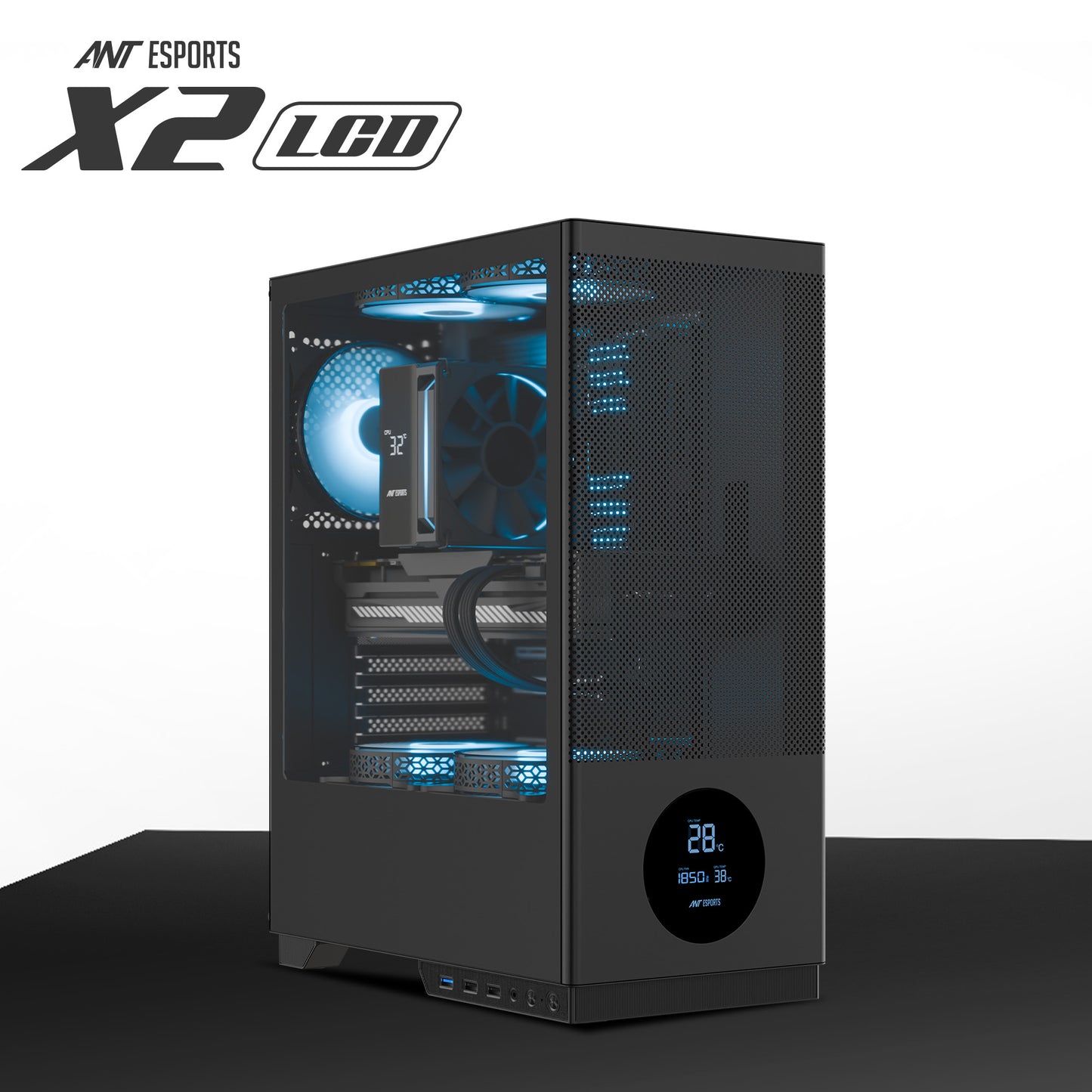 Ant Esports X2 LCD Mid Tower (ATX/M-ATX/M-ITX) Black Cabinet with 3x120mm Fans