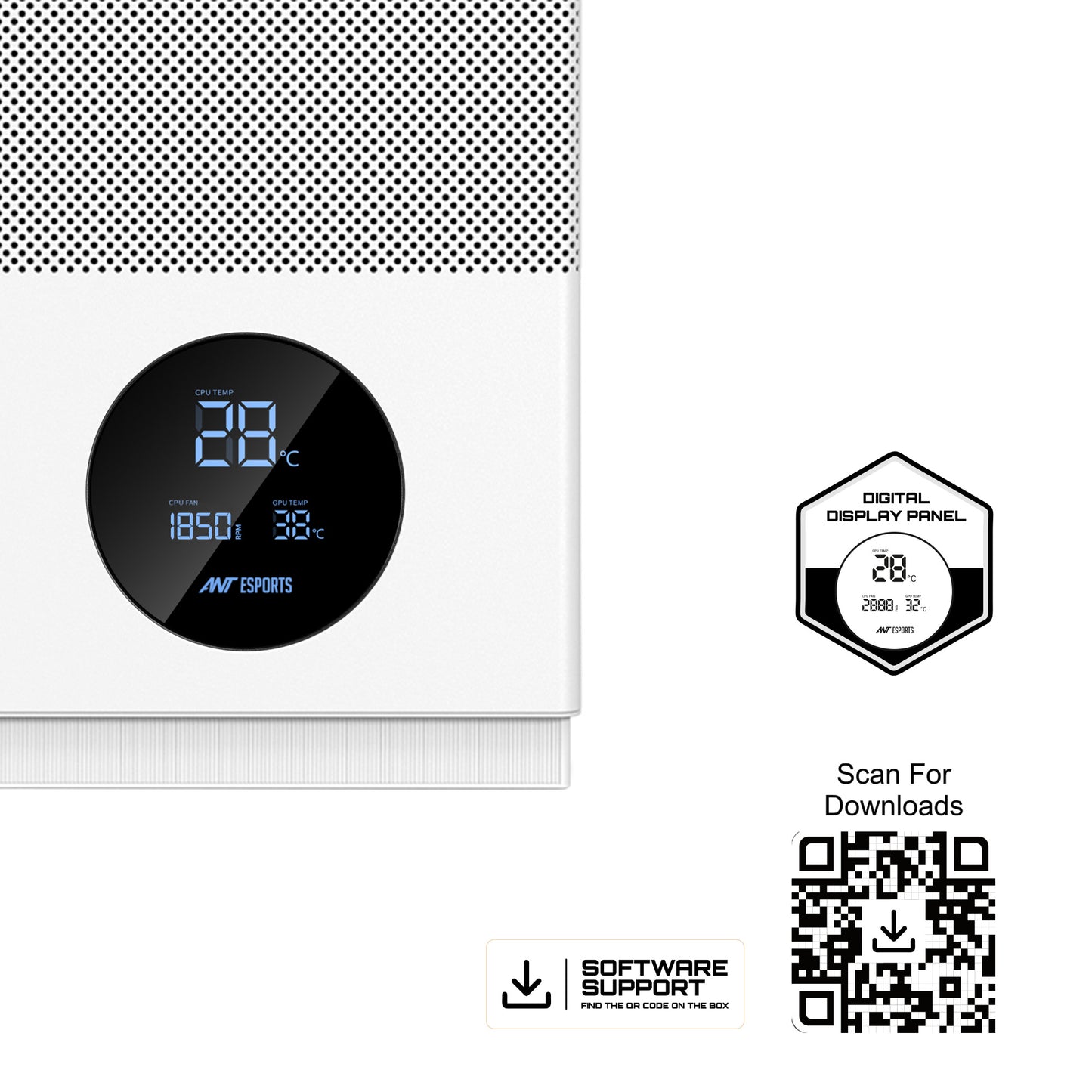 Ant Esports X2 LCD Mid Tower (ATX/M-ATX/M-ITX) White Cabinet with 3x120mm Fans