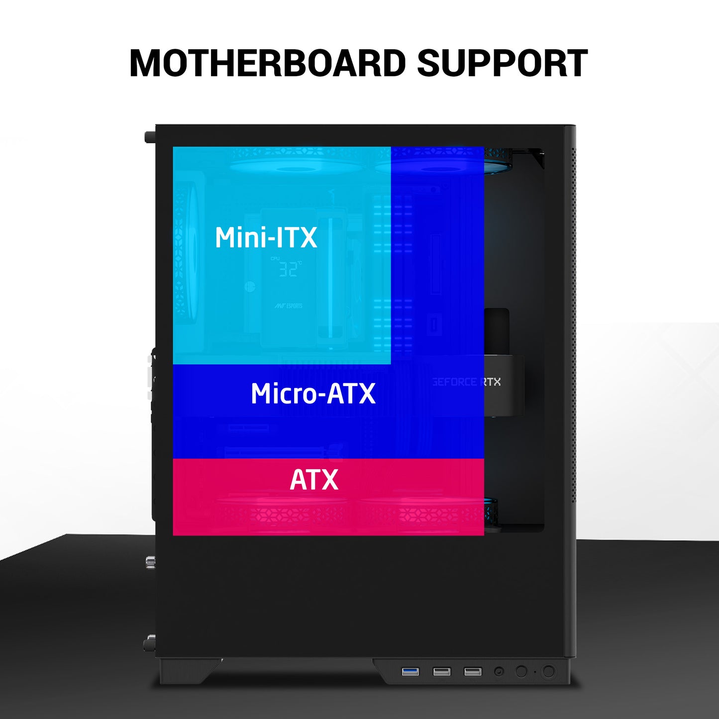 Ant Esports X2 LCD Mid Tower (ATX/M-ATX/M-ITX) Black Cabinet with 3x120mm Fans