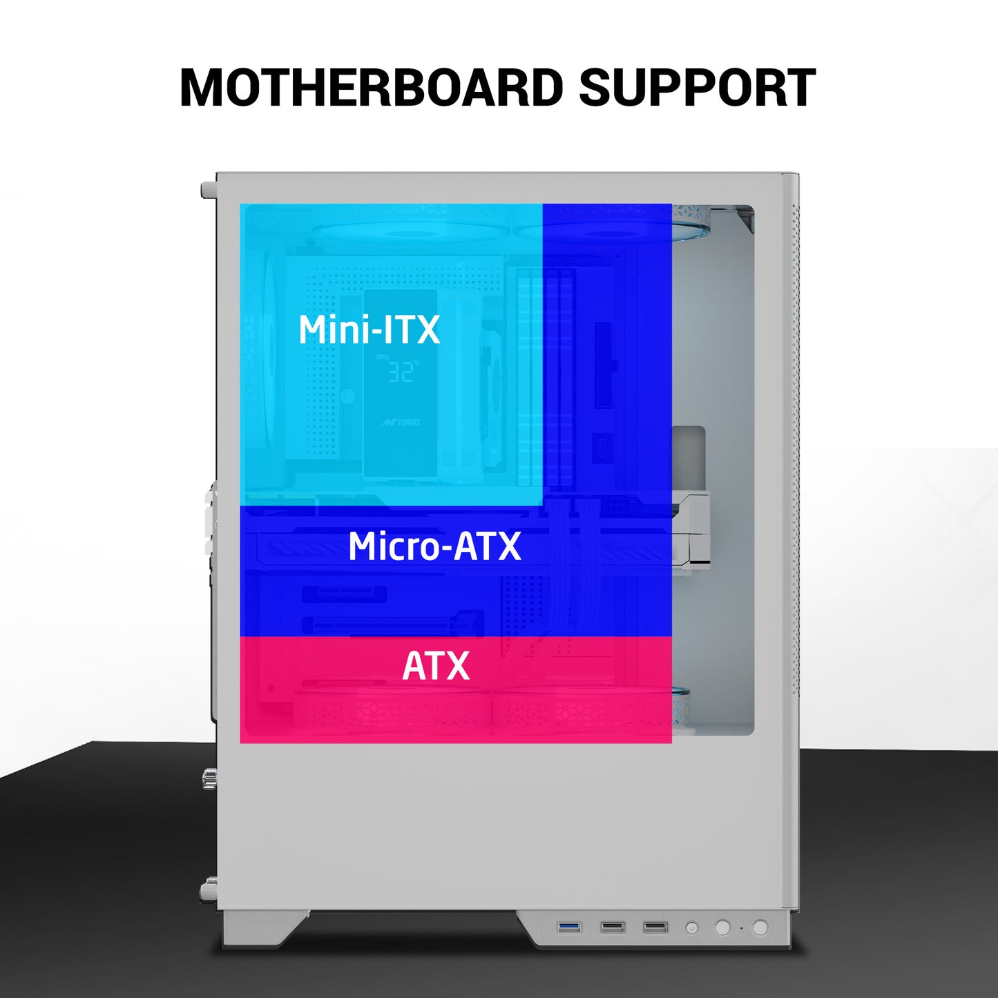 Ant Esports X2 LCD Mid Tower (ATX/M-ATX/M-ITX) White Cabinet with 3x120mm Fans