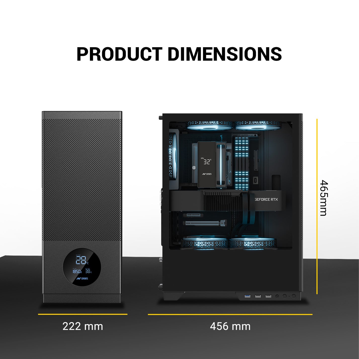 Ant Esports X2 LCD Mid Tower (ATX/M-ATX/M-ITX) Black Cabinet with 3x120mm Fans