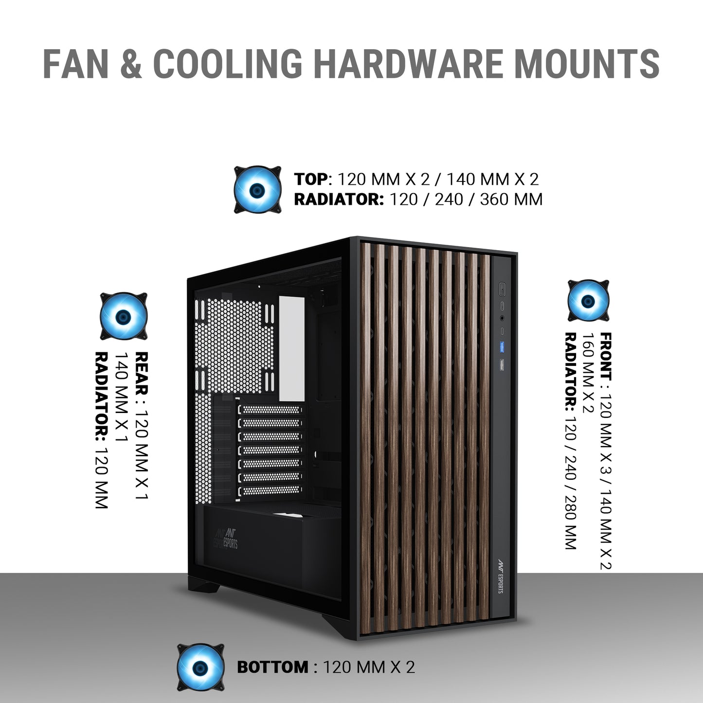 Ant Esports Zen Wood C3 Mid-Tower ATX, Micro-ATX, Mini-ITX Black Cabinet 4x120mm