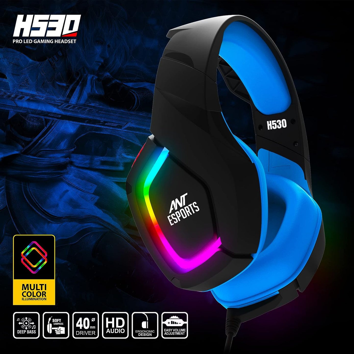 Ant Esports H530 Pro Wired RGB Black – Blue Headphone 40mm Drivers